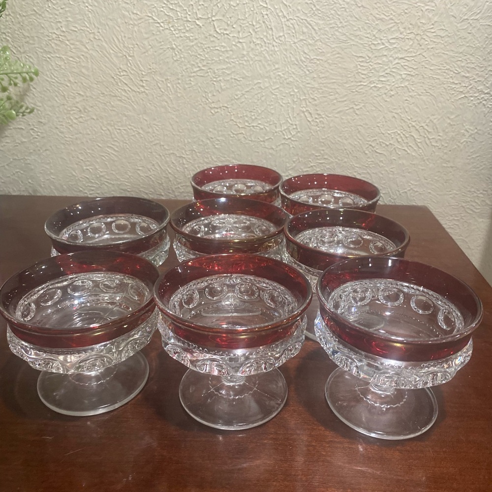 Vintage, Set of 8, Indiana Glass Co. Kings Crown Ruby Flashed Desert Glasses
